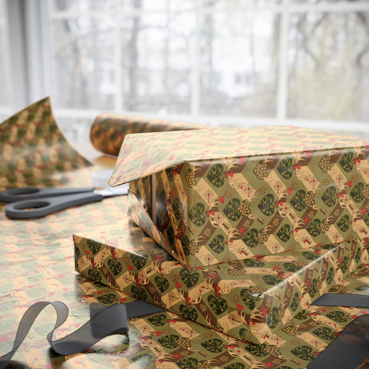 Vintage Hunters Valentines Camo Pattern Wrapping Paper | Retro Christmas Kraft