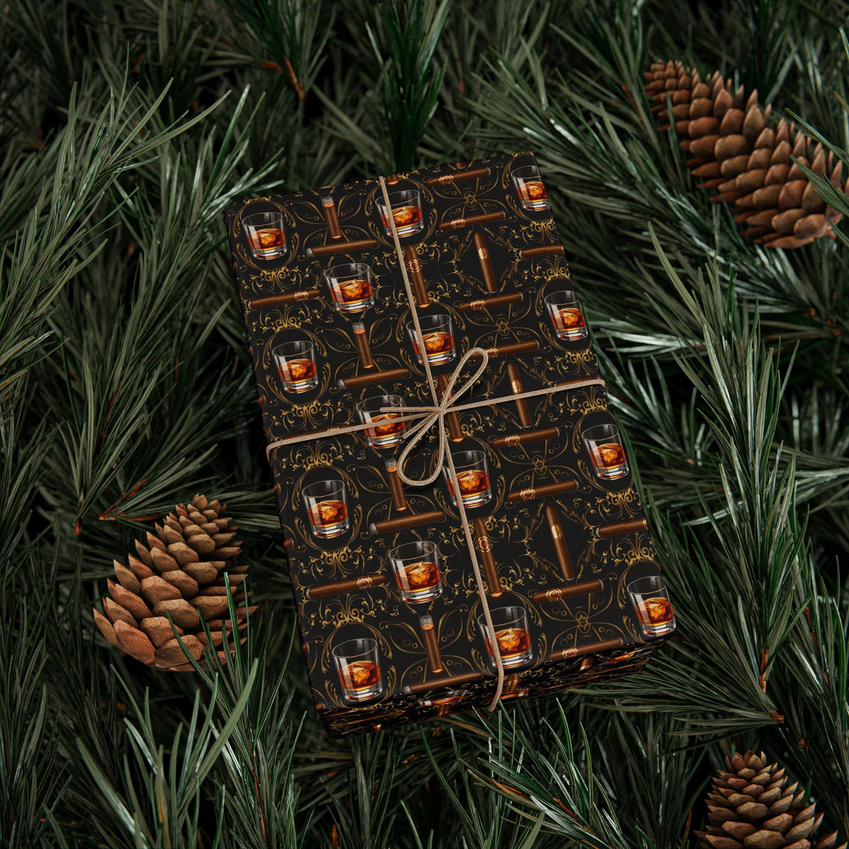 Whiskey Bottle Pattern Wrapping Paper | Dark Brown Vintage Bar Design