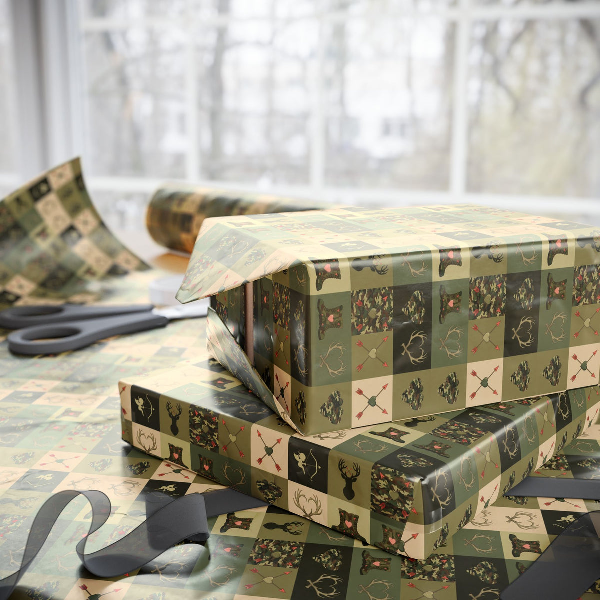Hunting Tartan Wrapping Papers | Camouflage Game Tags, Outdoors Pattern