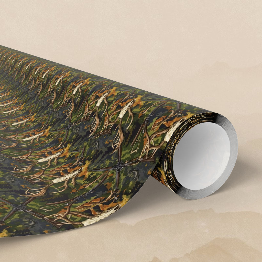 Green Autumn Leaves and Antlers Pattern Wrapping Paper | Nature Leaf Repeat