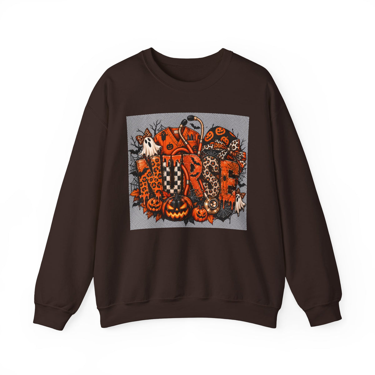 Halloween Patchwork Skull Crewneck Sweatshirt | Pumpkin Ghosts, Orange Black