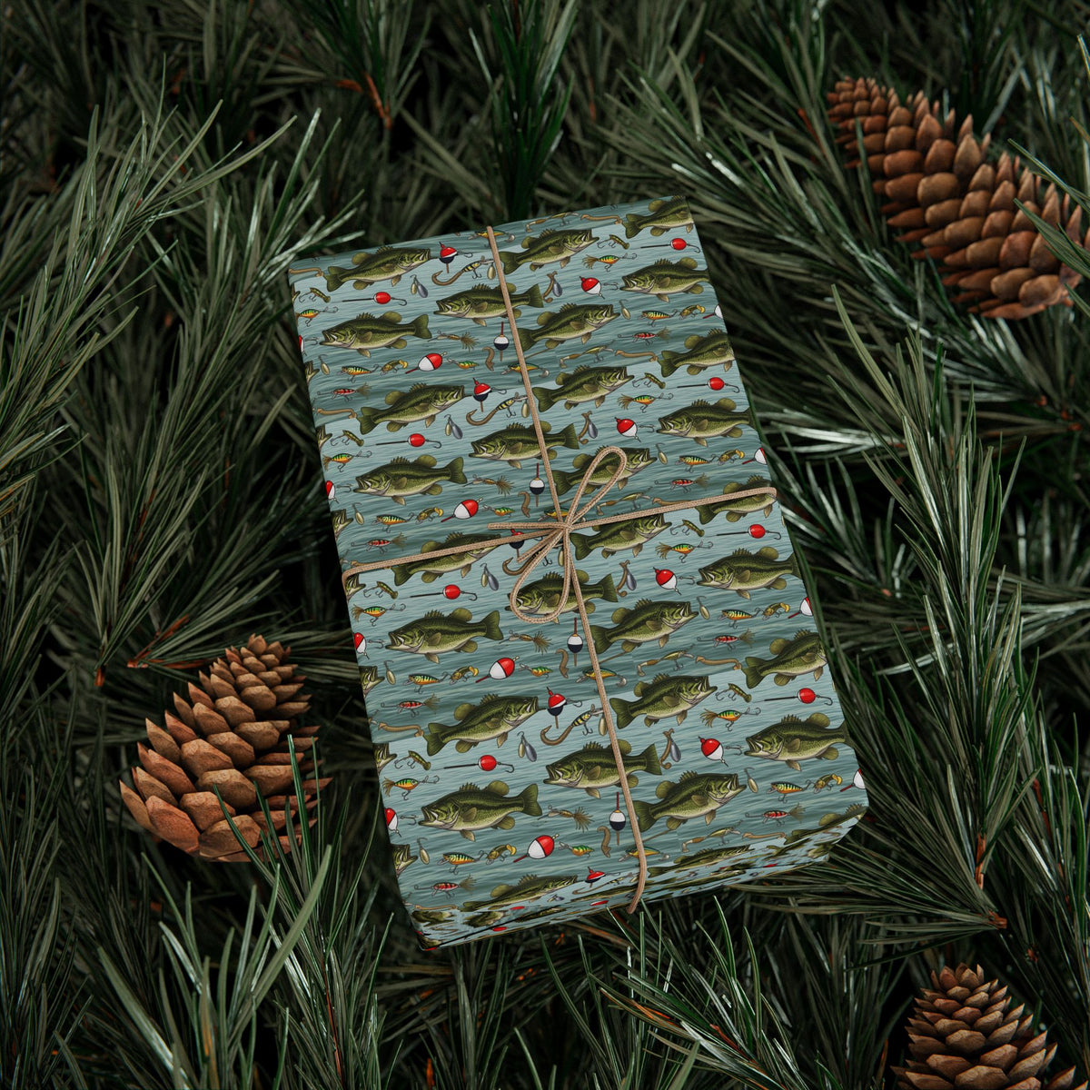 Fishing Pond Fish Pattern Wrapping Paper | Water Lily, Carp, Blue-Green Background