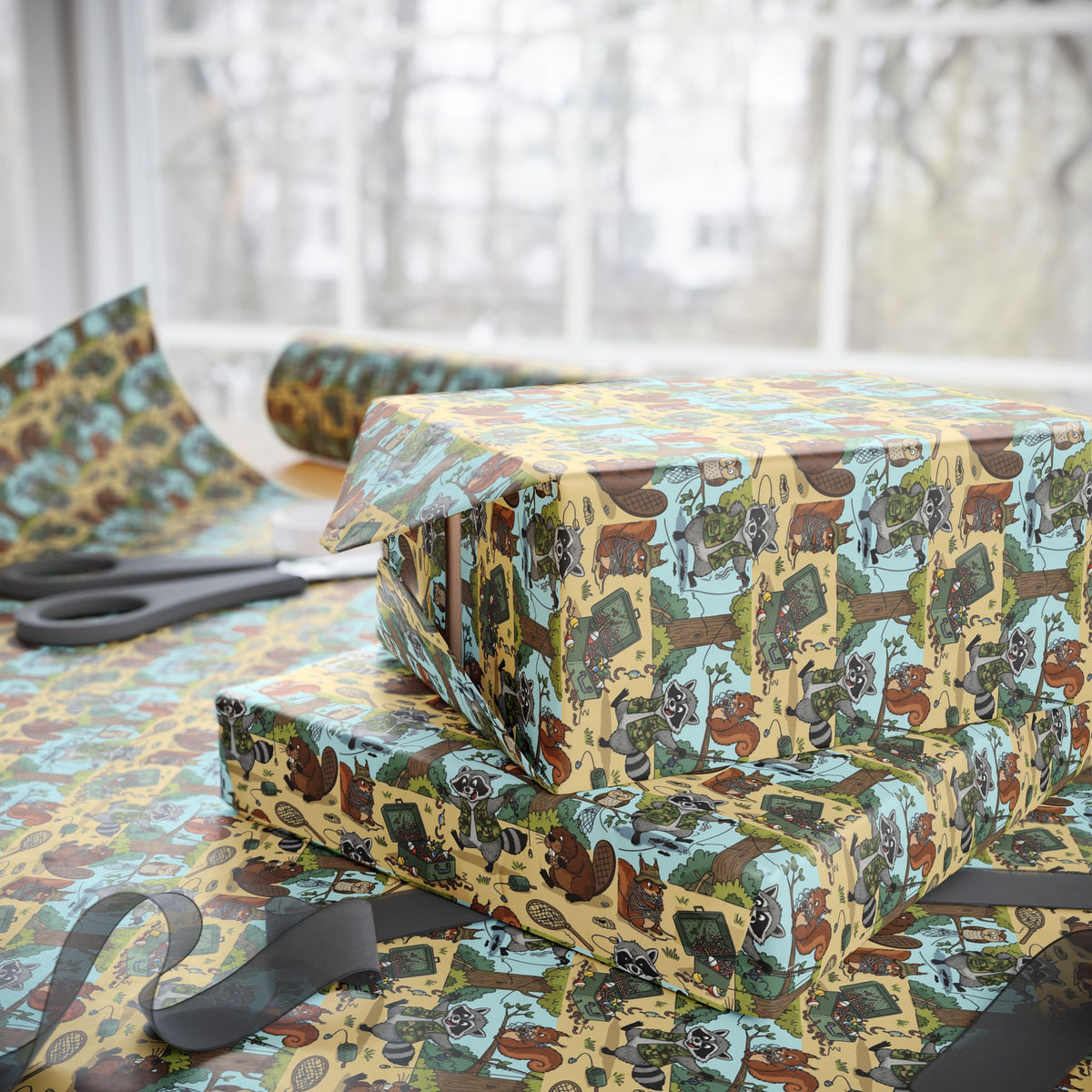 Retro Racoon Camper Pattern wrapping paper | Vintage RV Travel Campervan Design