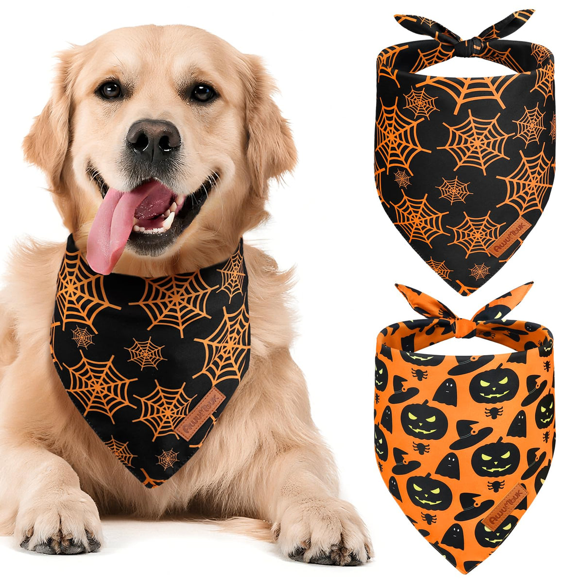 Awumbuk Halloween Dog Bandanas 2 Pack Reversible Pumpkin Spider Web Black