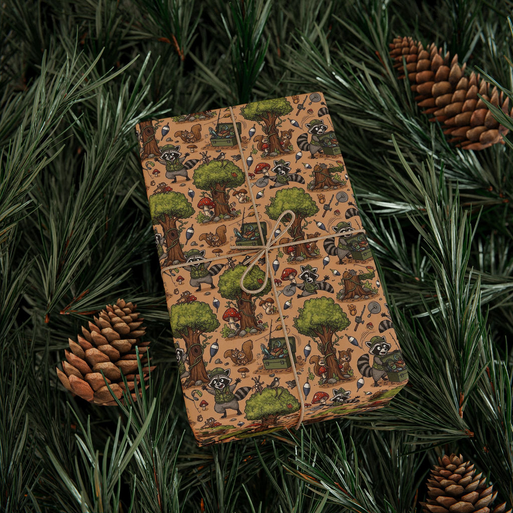 Camping Racoon Pattern Wrapping Paper | Outdoor Camper Tents Trees RVs
