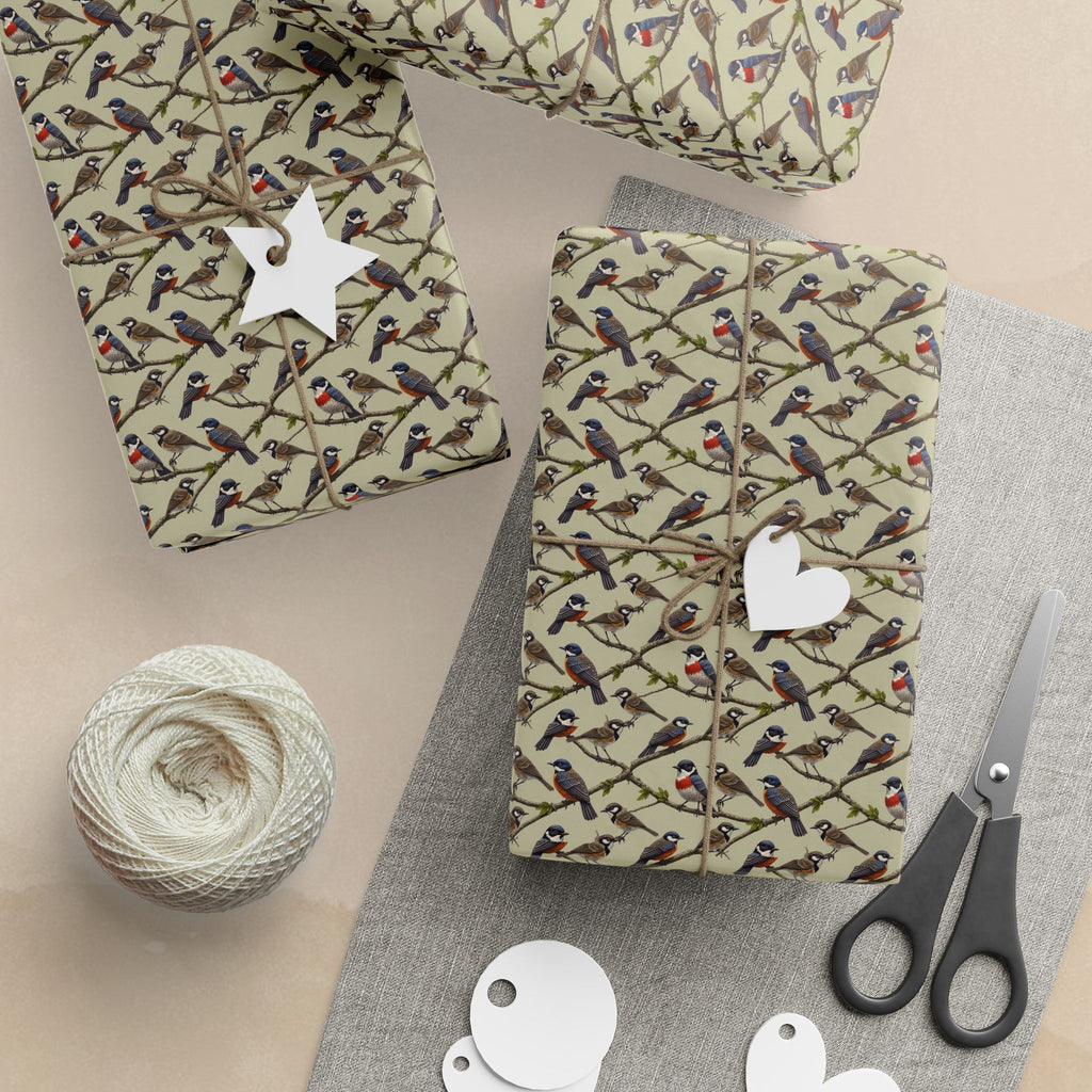 Vintage Bird Pattern Wrapping Paper | Songbirds on Branches, Neutral Tones
