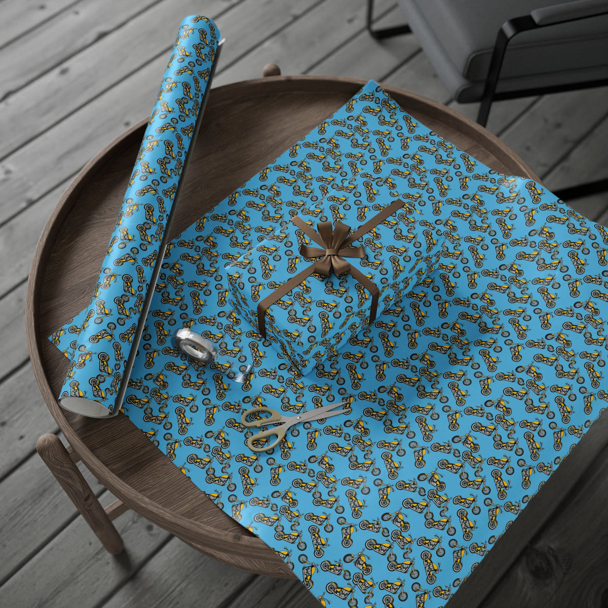 Retro Motorcycle Pattern Wrapping Paper | Blue Vintage Bikes Gift Wrap