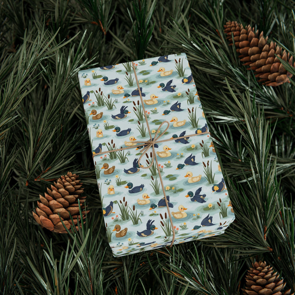 Watercolor Ducks and Reeds Wrapping Paper | Pond Animal Pattern
