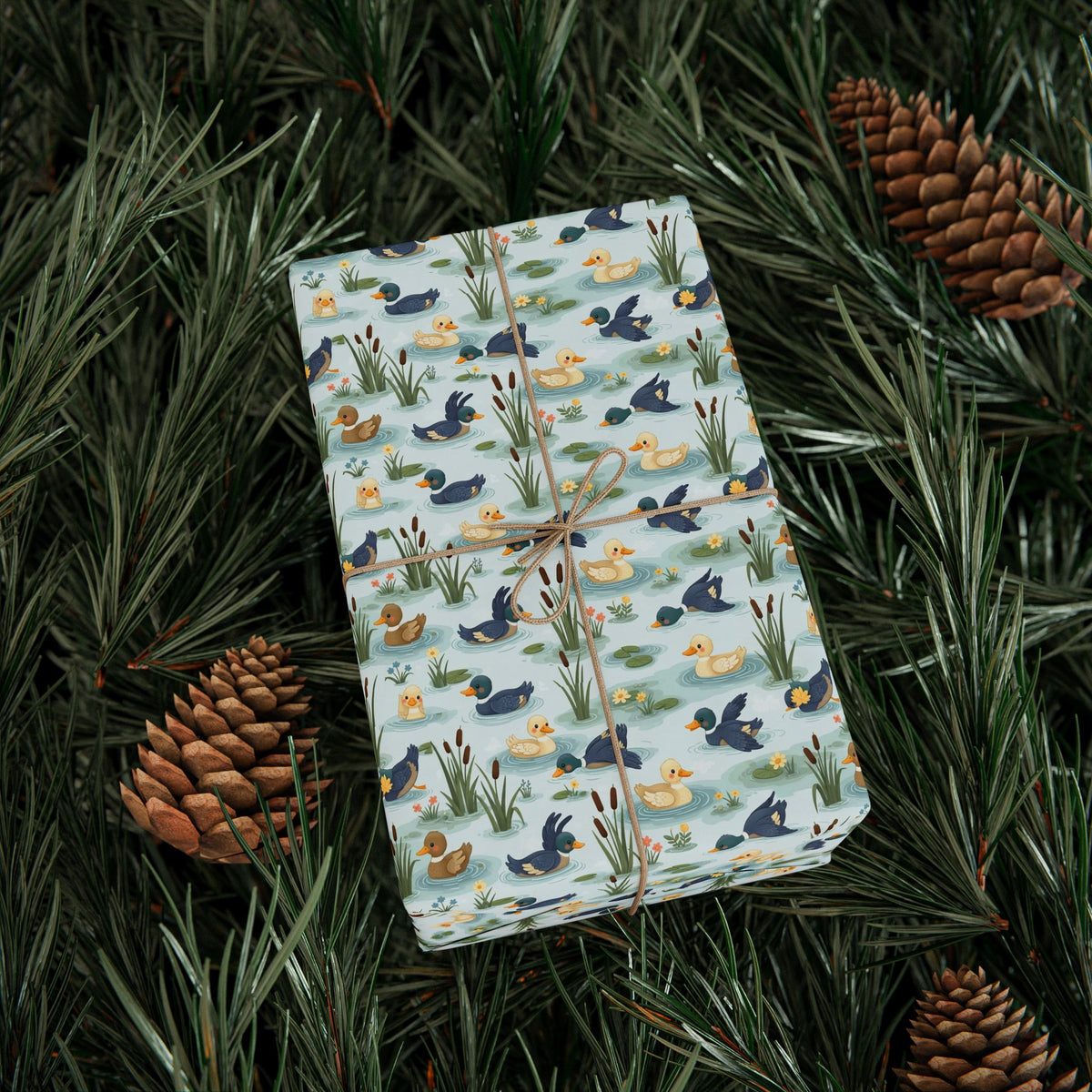 Watercolor Ducks and Reeds Wrapping Paper | Pond Animal Pattern