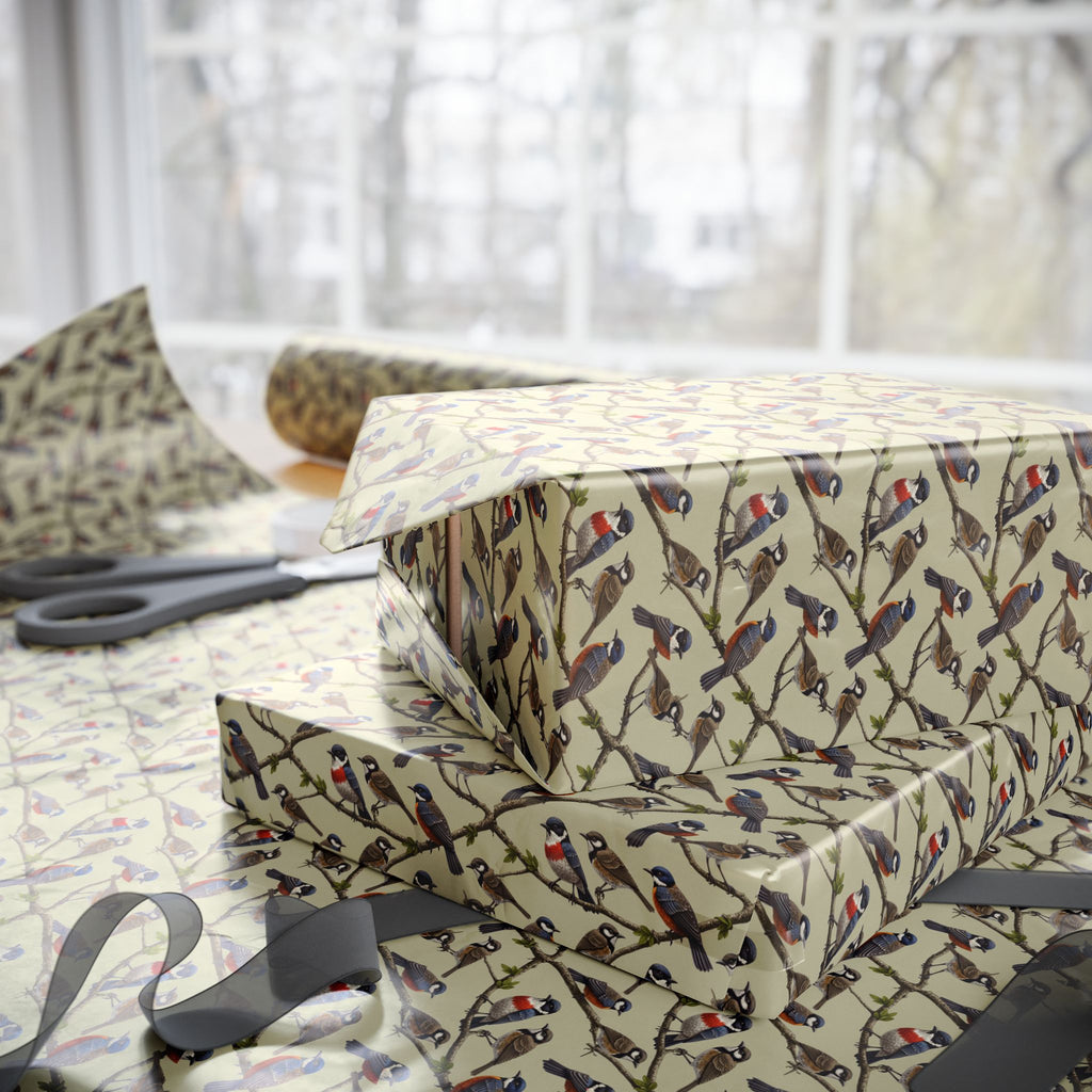 Vintage Bird Pattern Wrapping Paper | Songbirds on Branches, Neutral Tones