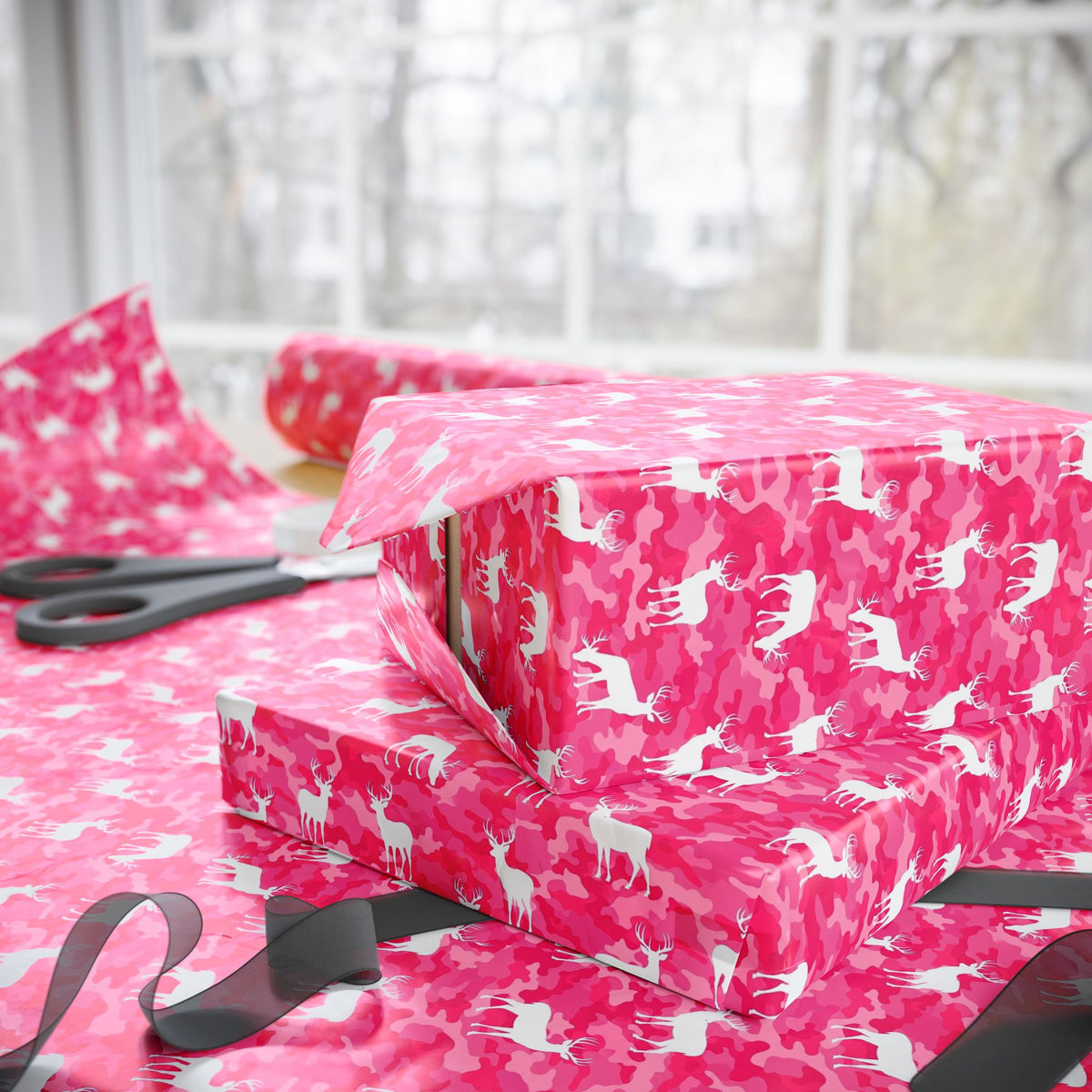 Pink Camo Deer Pattern Wrapping Paper | Pink Cat Camouflage Gift Wrap