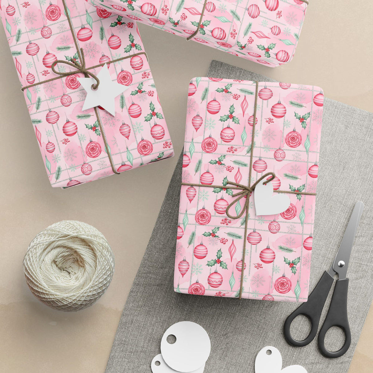 Pink Floral Ornaments Wrapping Paper | Holiday Rose Pattern