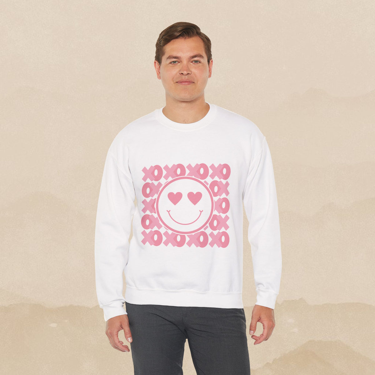 Heart Eyes Smiley Sweatshirt | Pink XO Pattern Crewneck