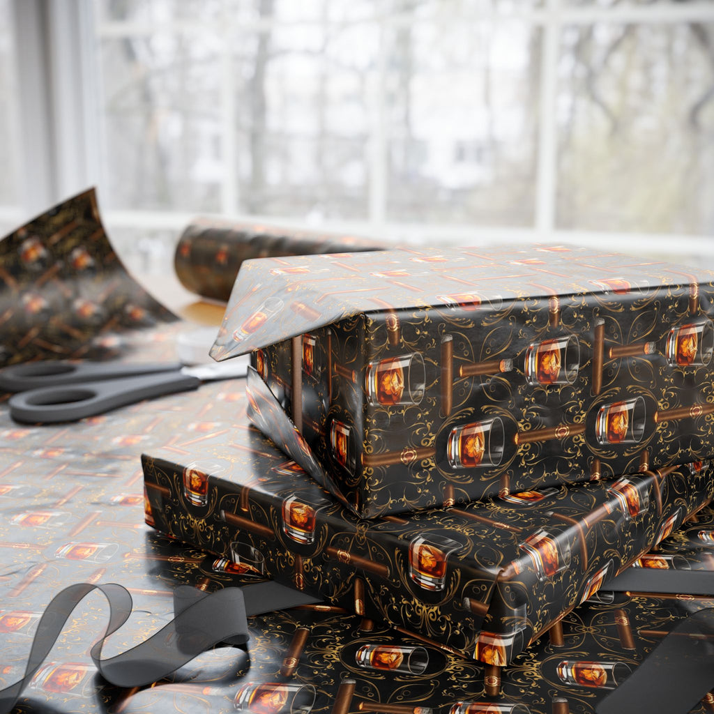 Whiskey Bottle Pattern Wrapping Paper | Dark Brown Vintage Bar Design
