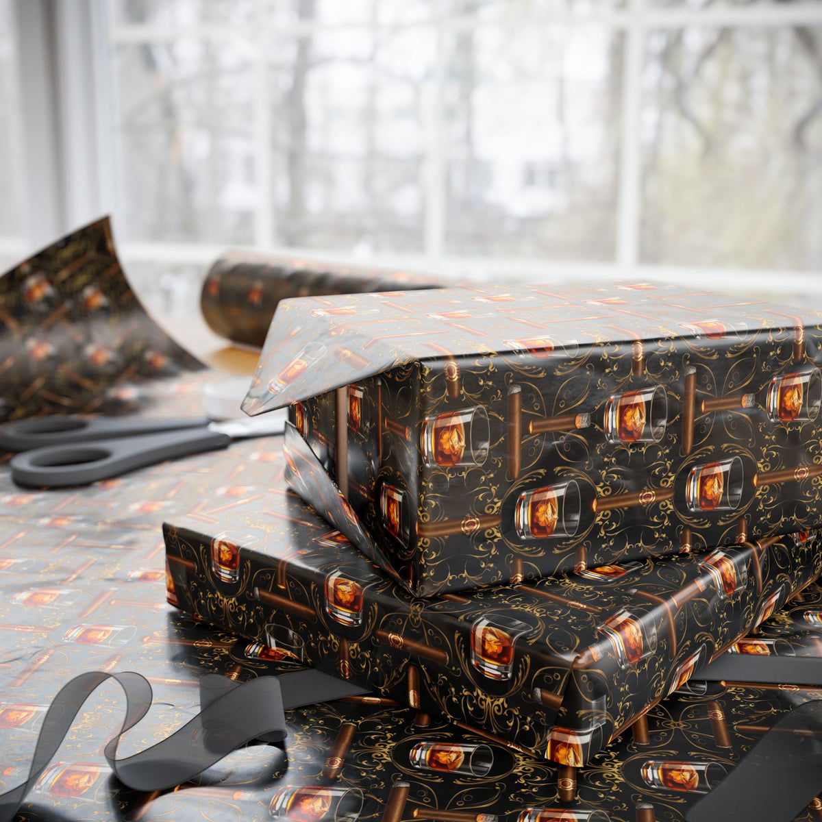 Whiskey Bottle Pattern Wrapping Paper | Dark Brown Vintage Bar Design