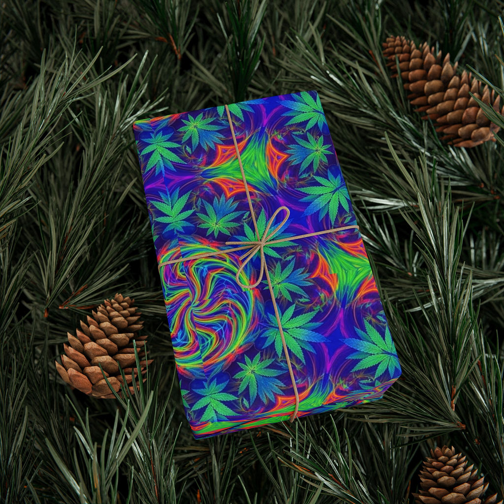 Psychedelic Cannabis Leaf Pattern Wrapping Paper | Neon Swirl Gift Wrap
