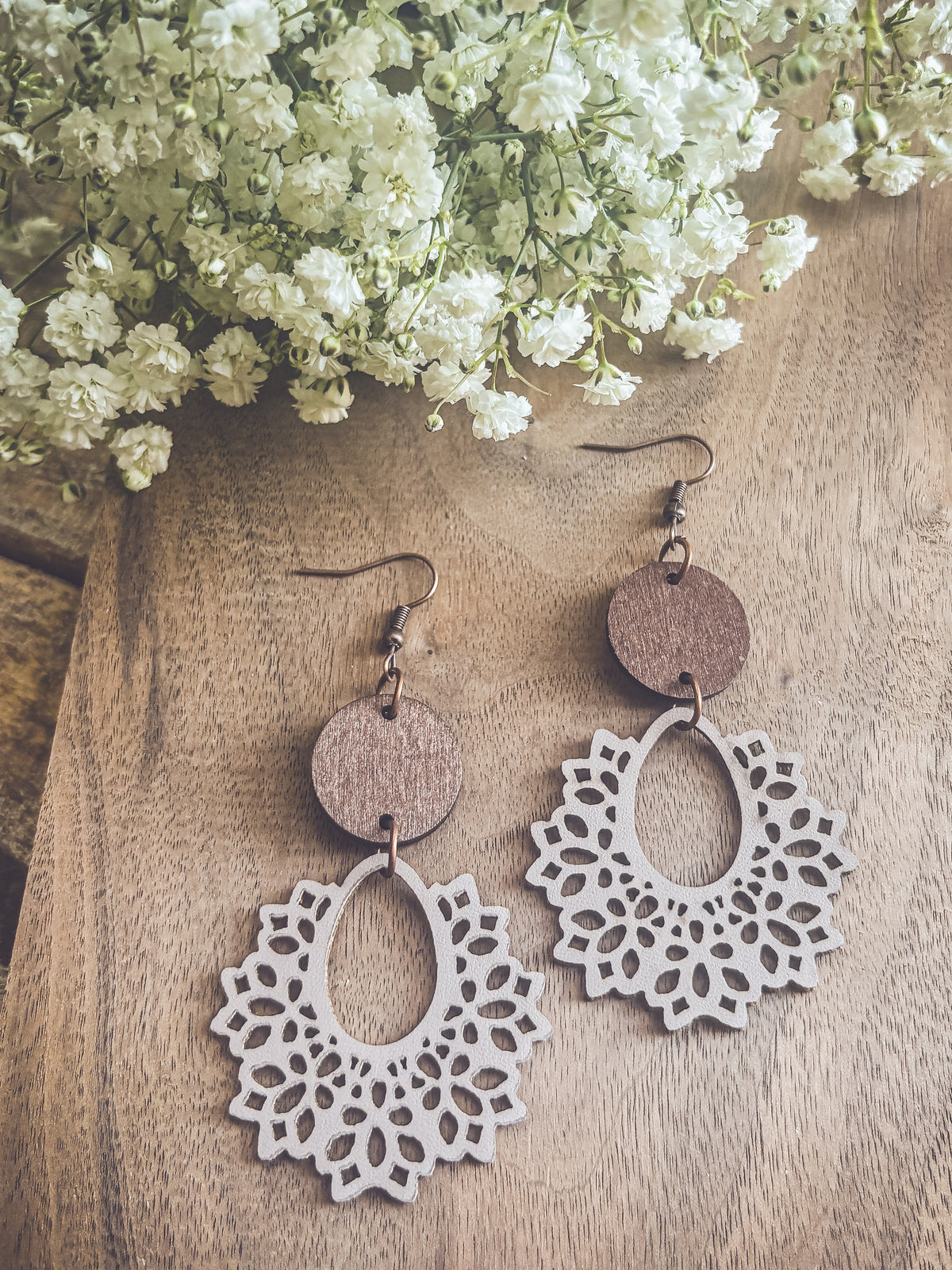 Beautiful Off White Wood Lavender Hued and Leather Earrings
