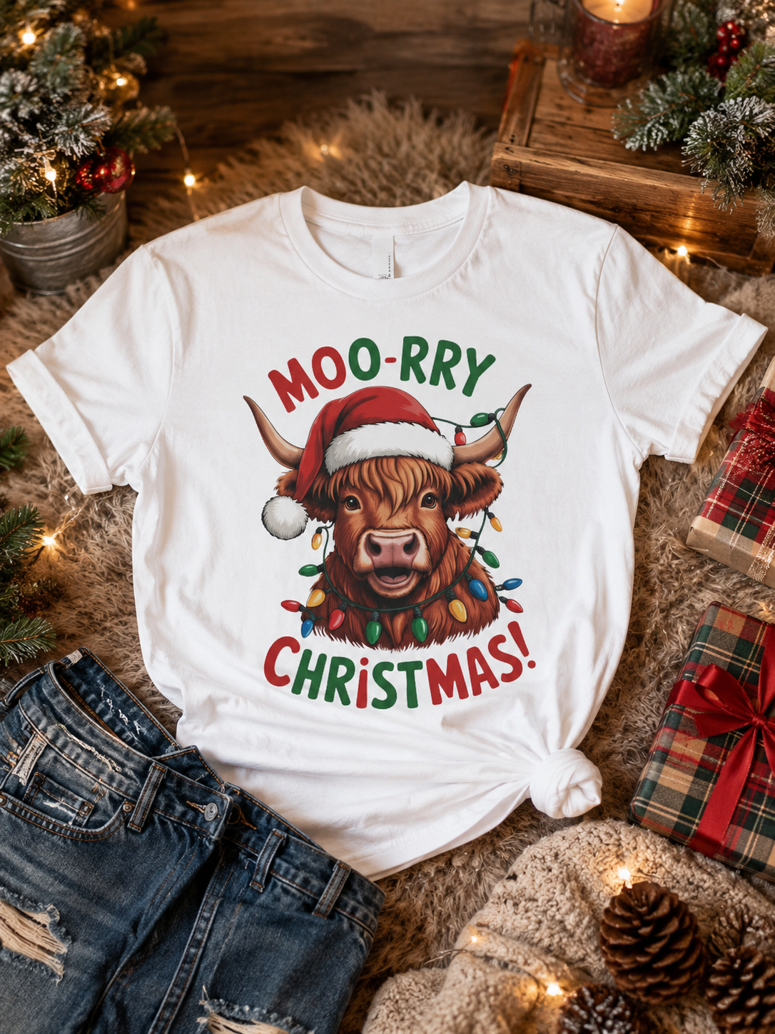 Moo-rry Christmas Highland Cow T-Shirt