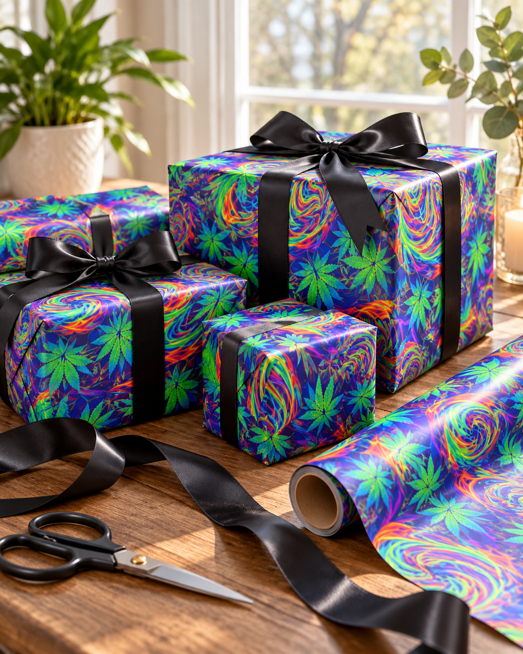 Psychedelic Cannabis Leaf Pattern Wrapping Paper