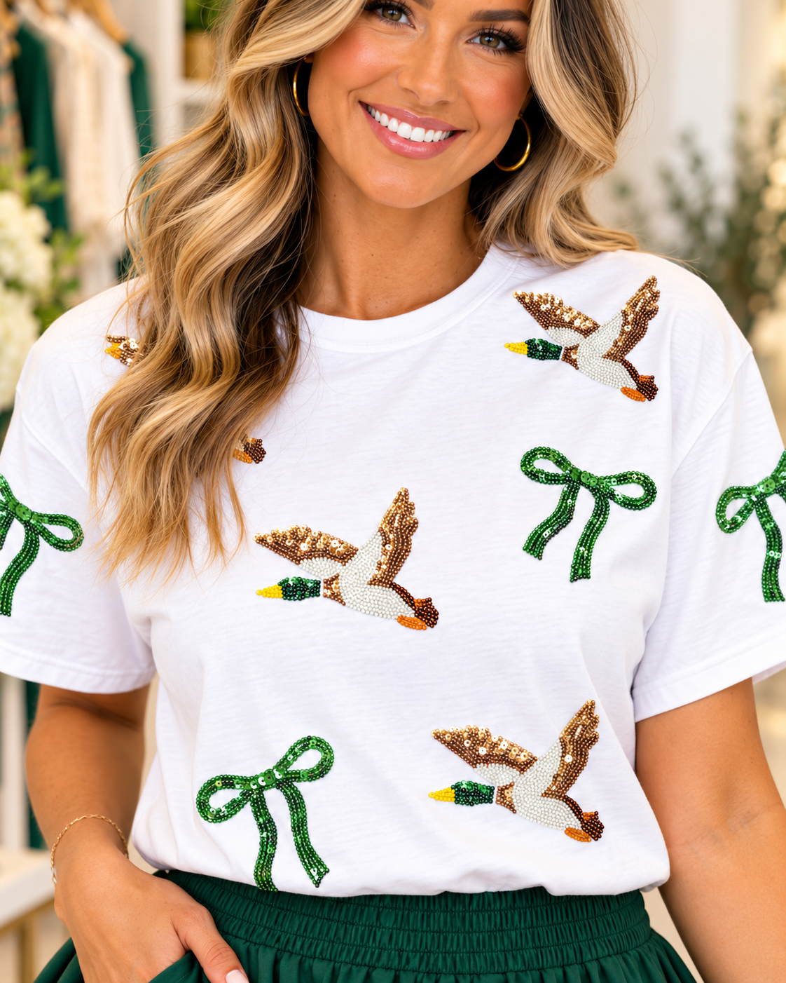 Sequin Mallard Duck And Bow Graphic T Shirt *PLUS SIZE*