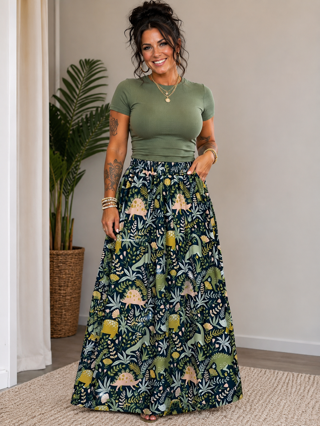 Dinosaur Botanical Print Maxi Skirt | Women's Flowy Skirt
