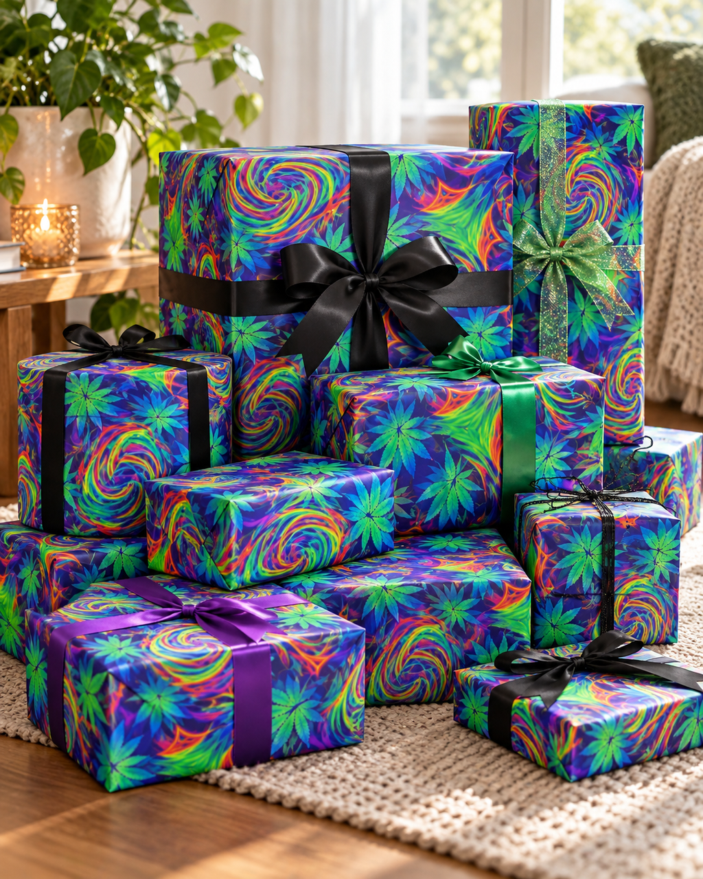 Psychedelic Cannabis Leaf Pattern Wrapping Paper
