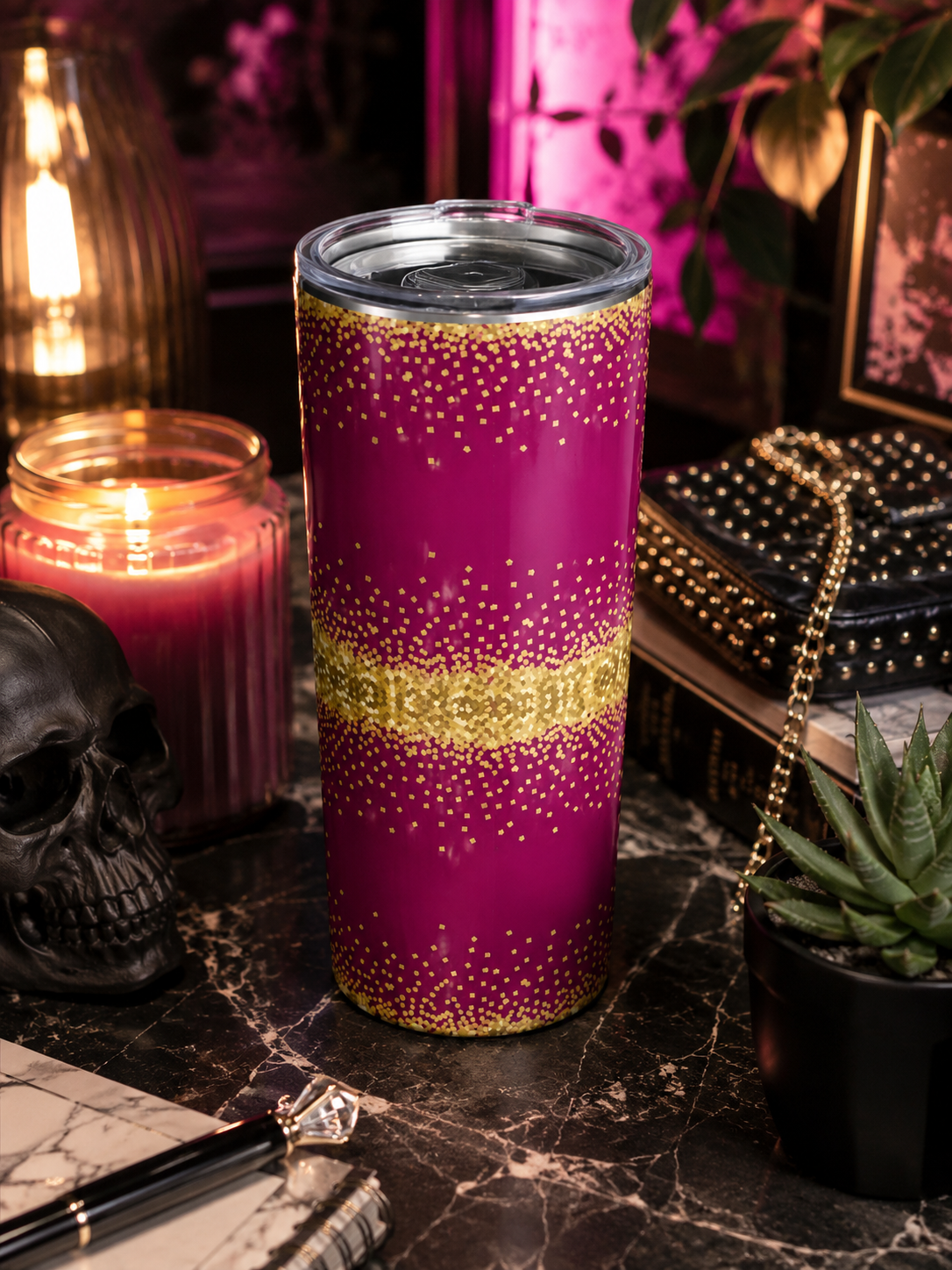 Gold Confetti Stripe Burgundy Sparkle Tumbler