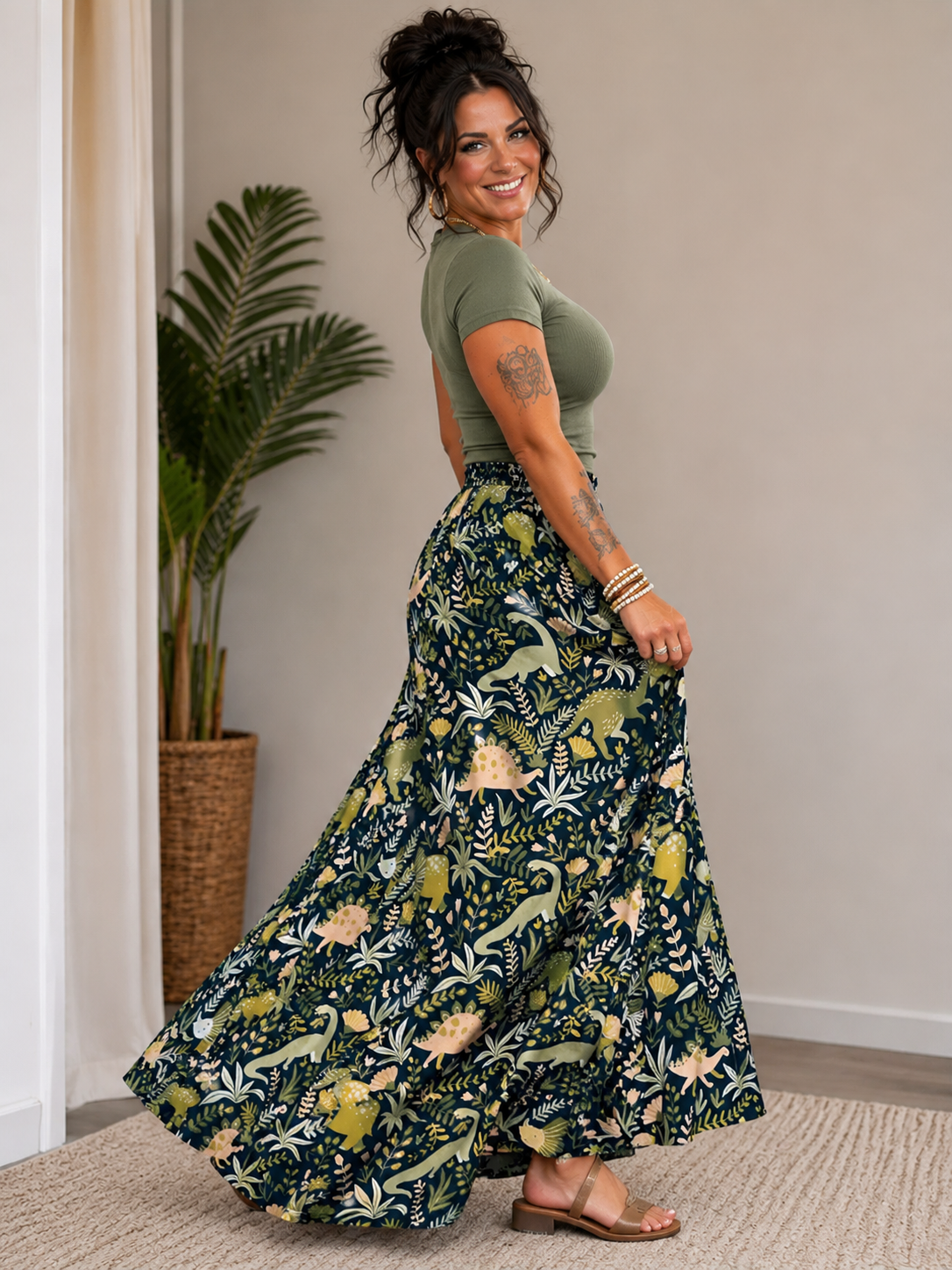 Dinosaur Botanical Print Maxi Skirt | Women's Flowy Skirt