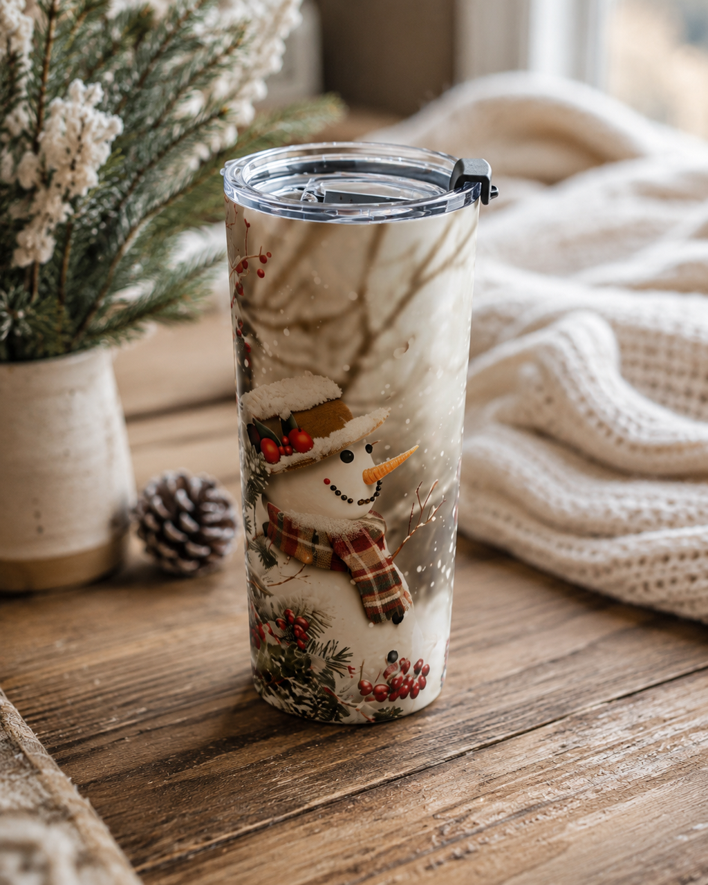 Winter Snowy Red Berries Stainless Tumbler