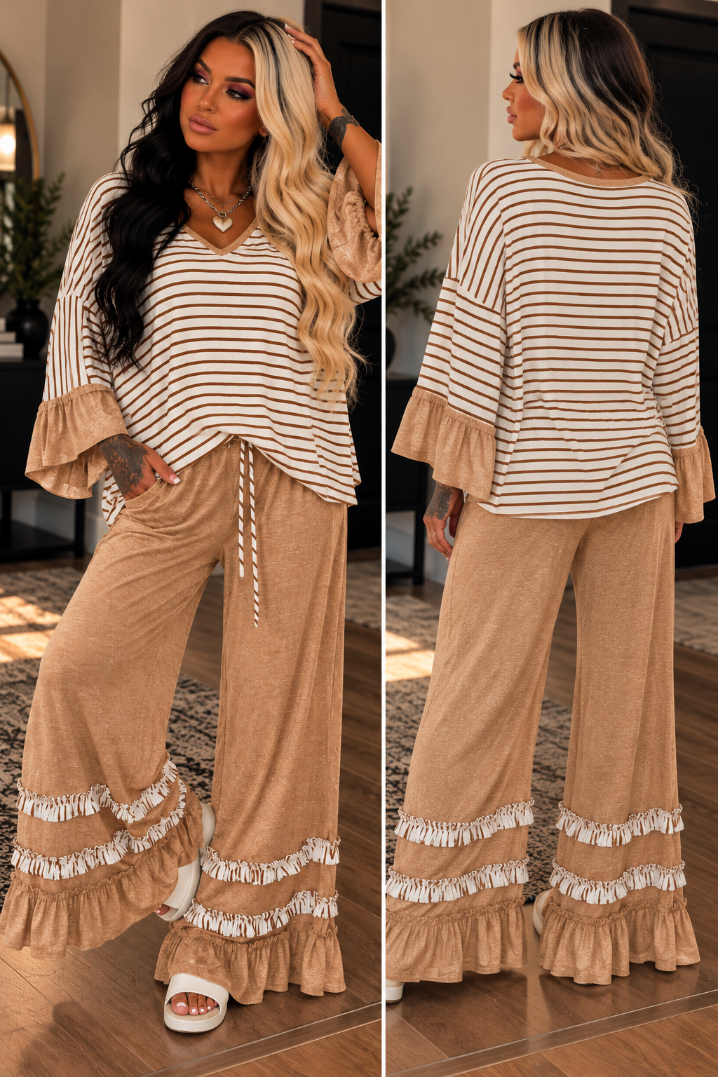 Stripe V Neck Ruffle Contrast Sleeve Top Drawstring Pants 2pcs Set