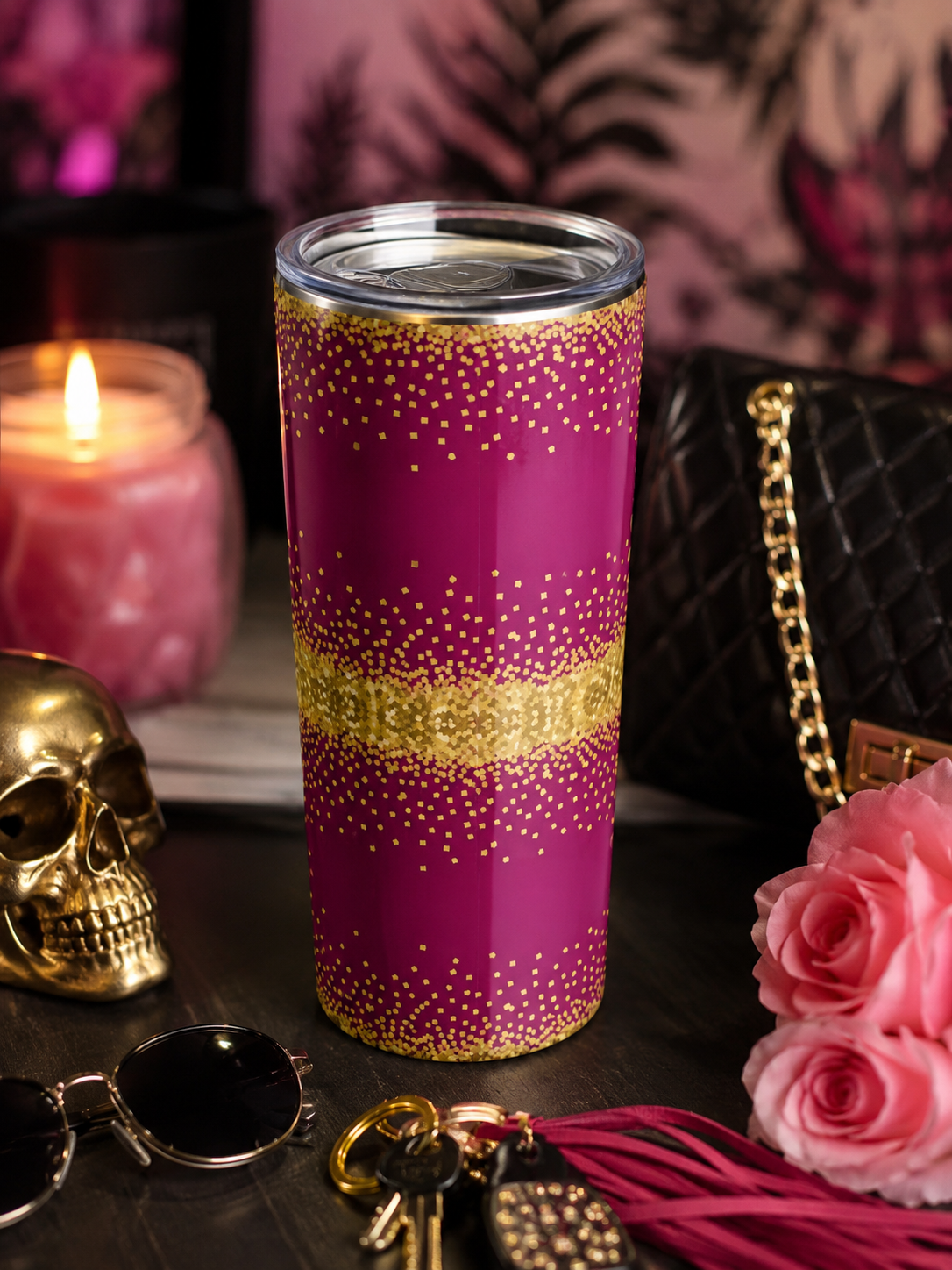 Gold Confetti Stripe Burgundy Sparkle Tumbler