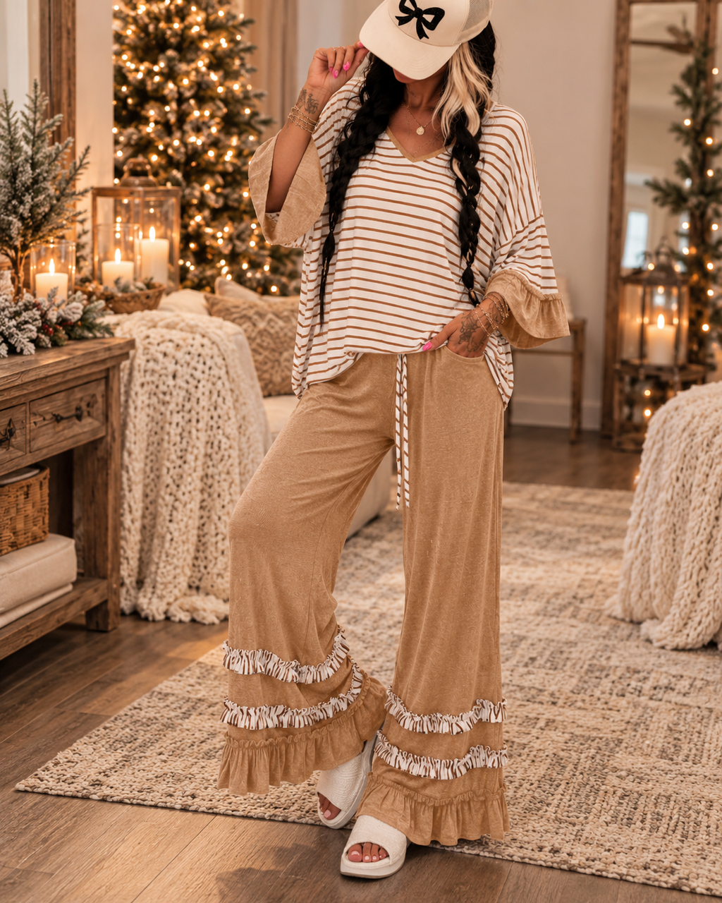 Stripe V Neck Ruffle Contrast Sleeve Top Drawstring Pants 2pcs Set