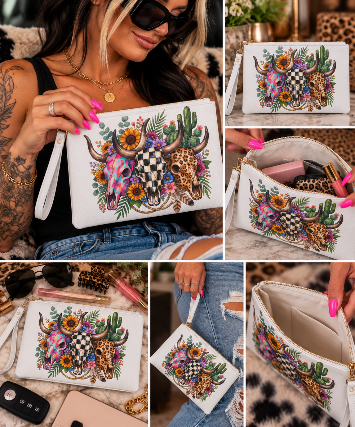 Western Cow Skull Floral Wristlet Clutch