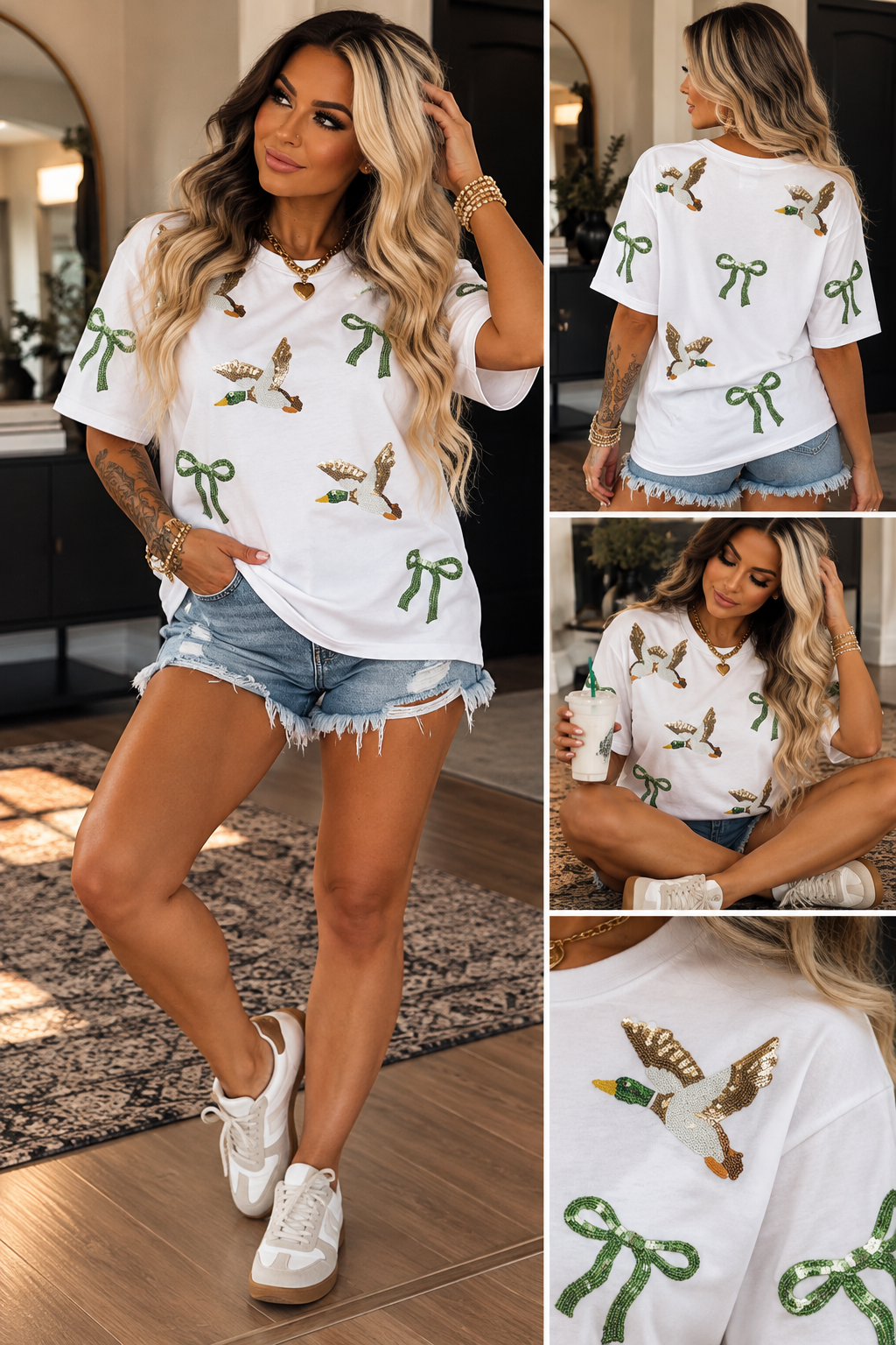 Sequin Mallard Duck And Bow Graphic T Shirt *PLUS SIZE*