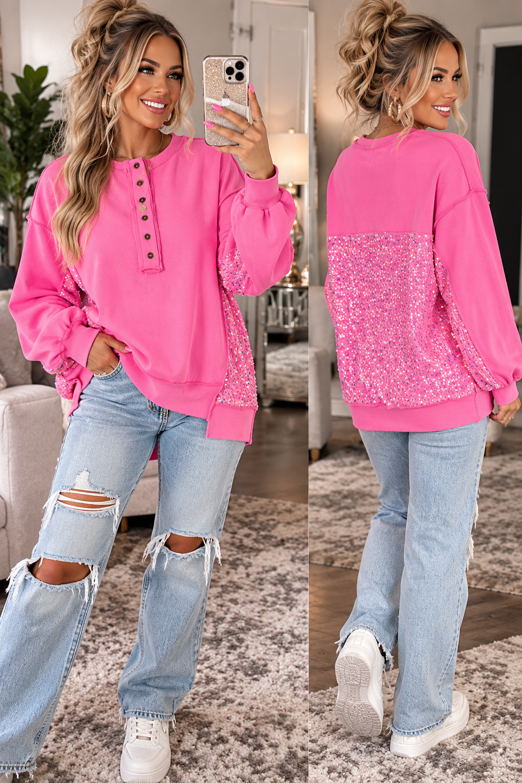 Sequin Half Button Long Sleeve Sweatshirt