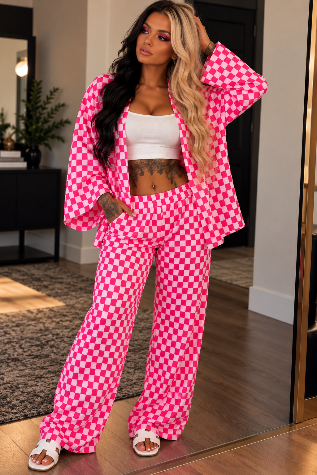 Hot Pink Checkered Long Sleeve Lounge Set