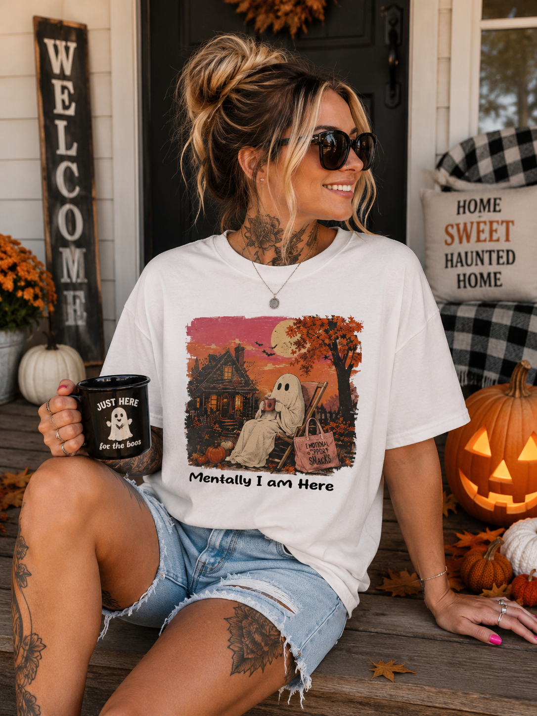 Mentally I'm Here Halloween Ghost Tshirt