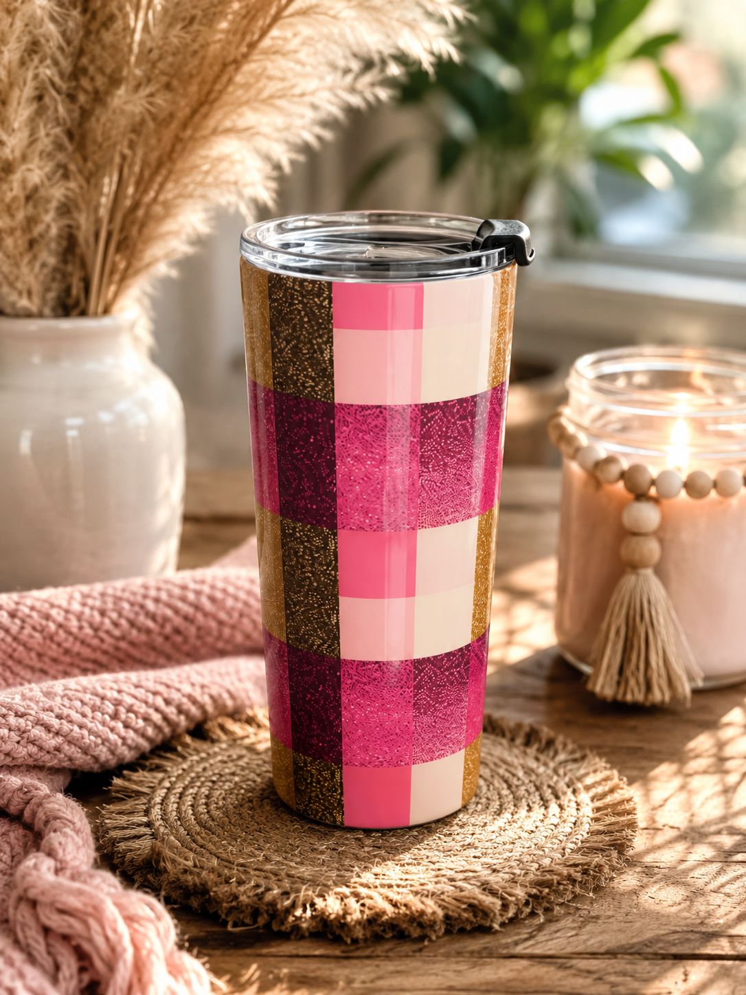 Pink Buffalo Plaid Checkered Tumbler