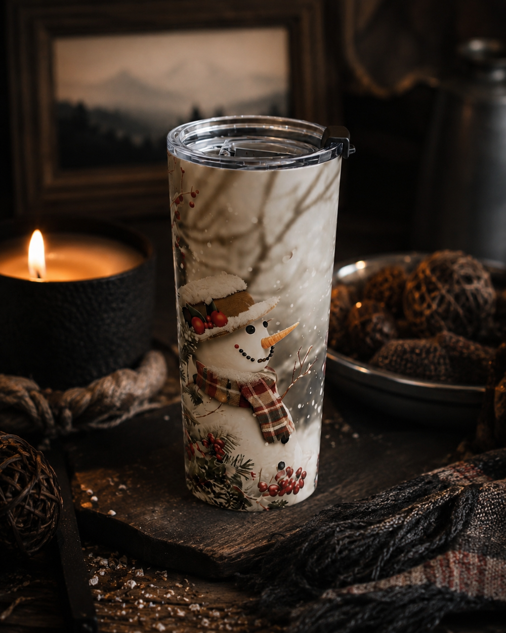 Winter Snowy Red Berries Stainless Tumbler