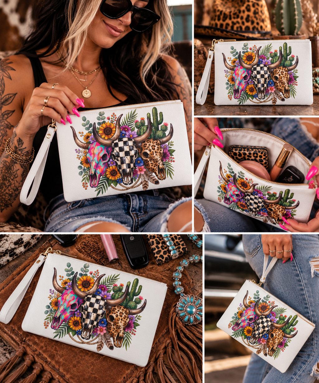 Western Cow Skull Floral Wristlet Clutch