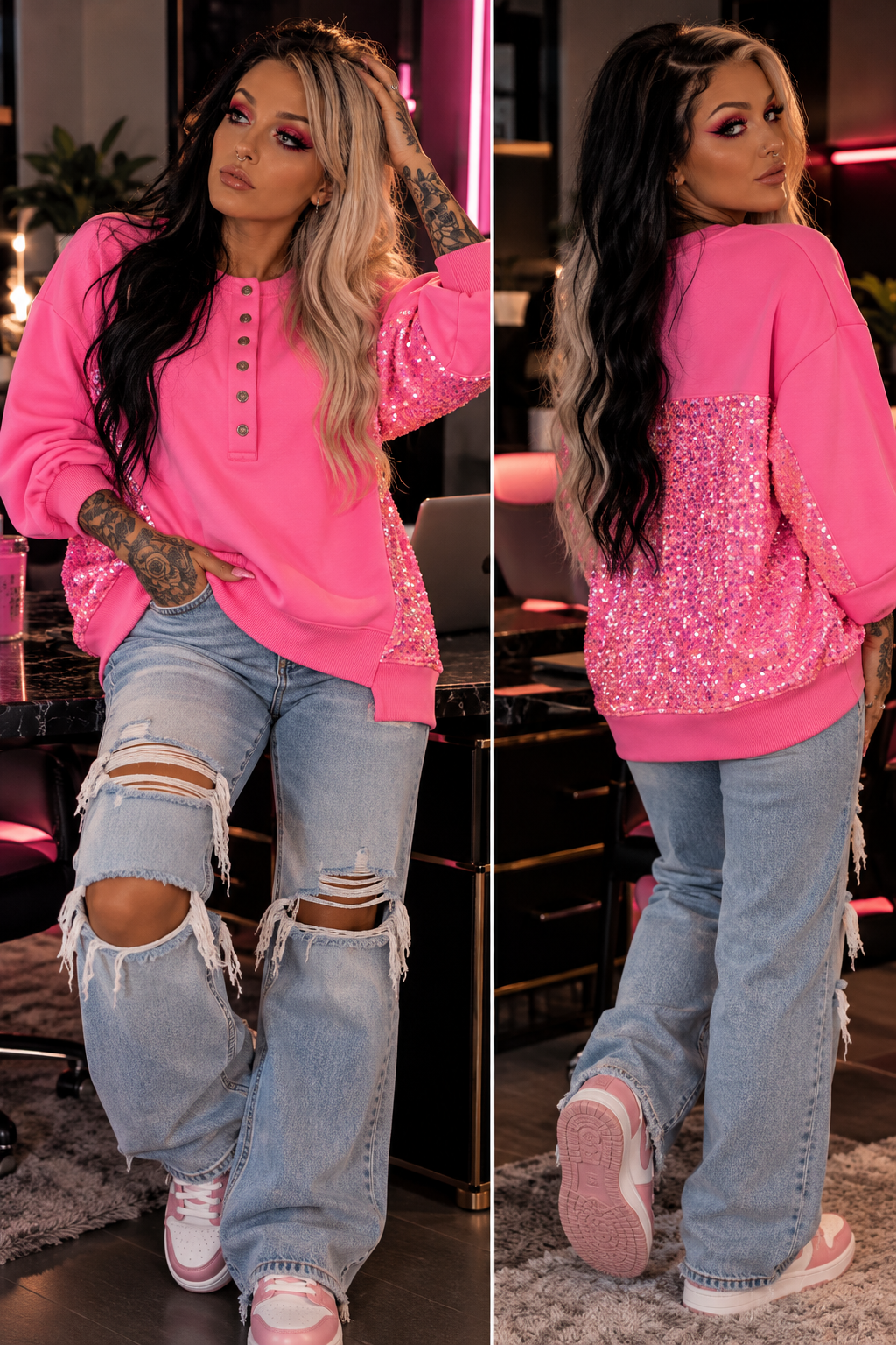 Sequin Half Button Long Sleeve Sweatshirt