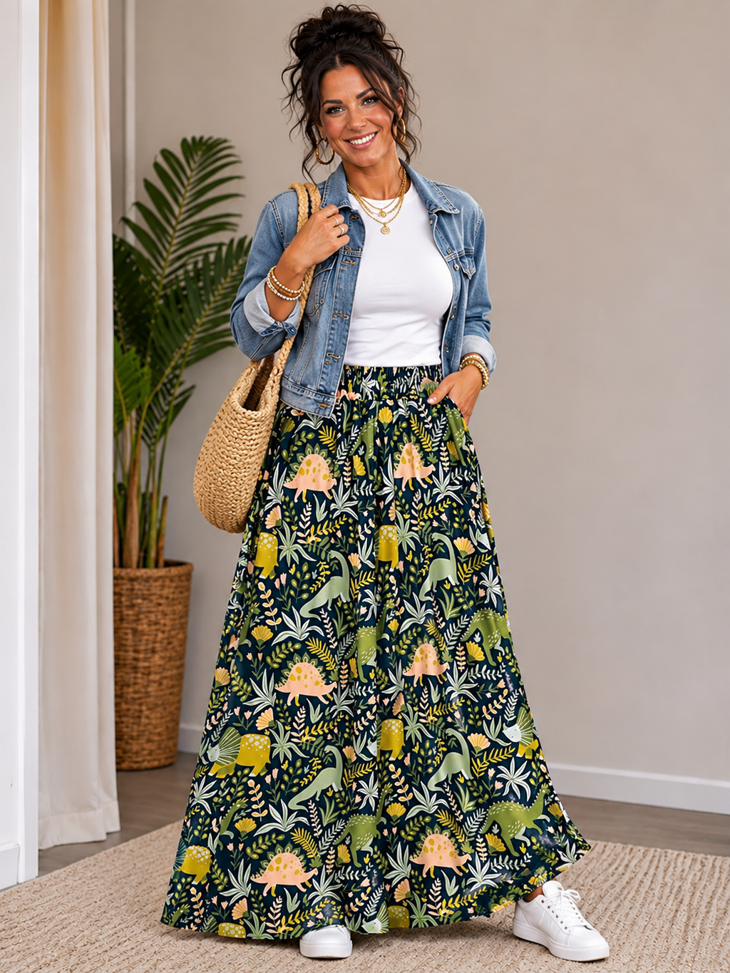Dinosaur Botanical Print Maxi Skirt | Women's Flowy Skirt