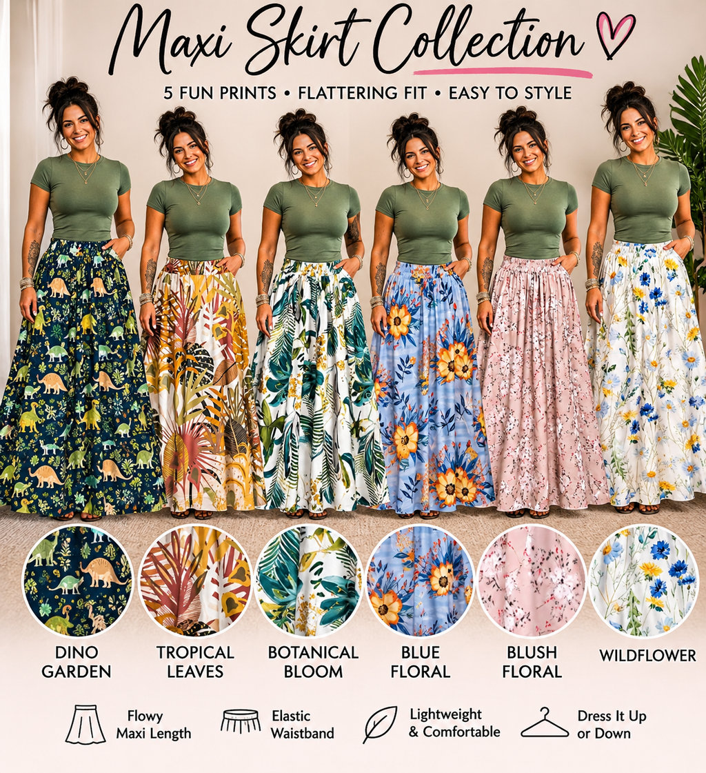 Dinosaur Botanical Print Maxi Skirt | Women's Flowy Skirt