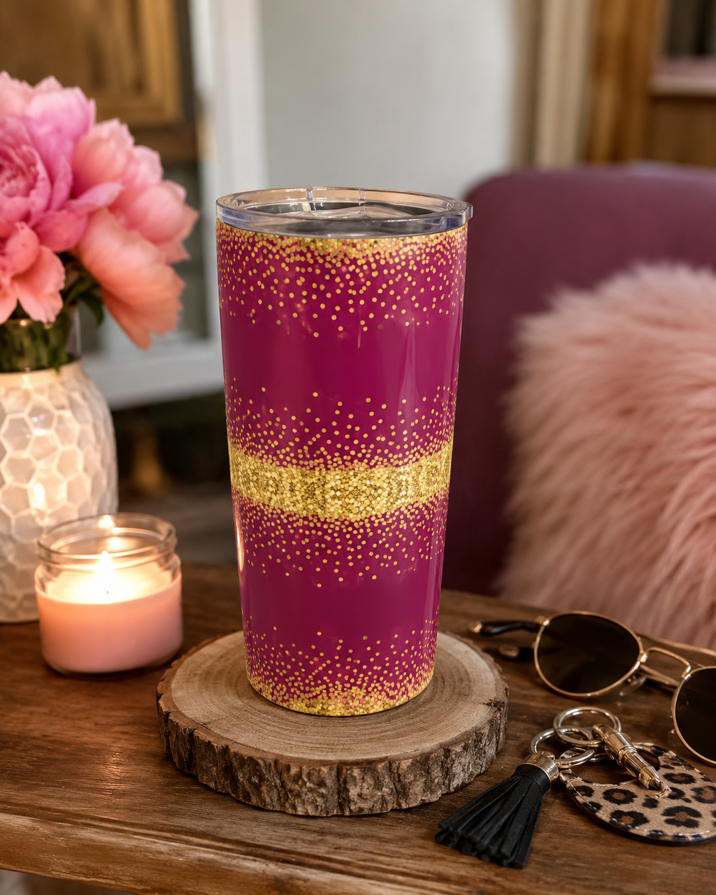 Gold Confetti Stripe Burgundy Sparkle Tumbler