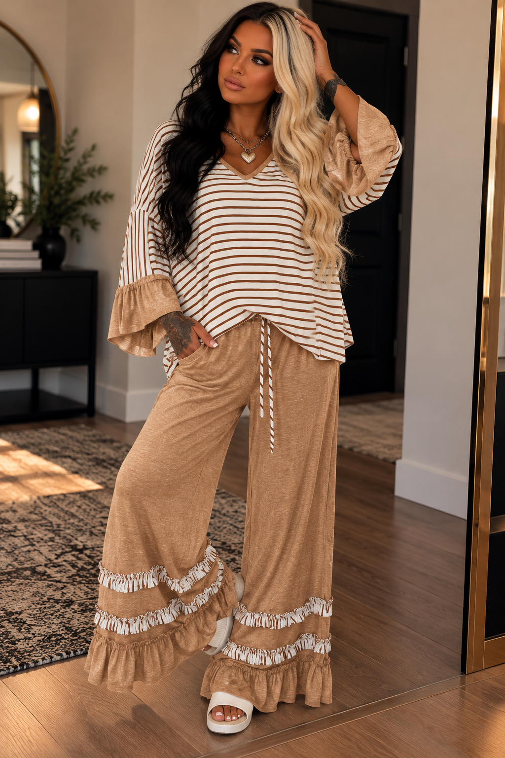 Stripe V Neck Ruffle Contrast Sleeve Top Drawstring Pants 2pcs Set