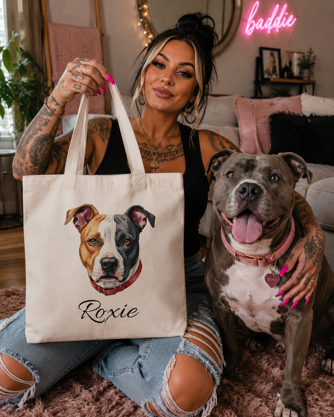 Personalized Dog Portrait Tote Bag - Custom Dog Name