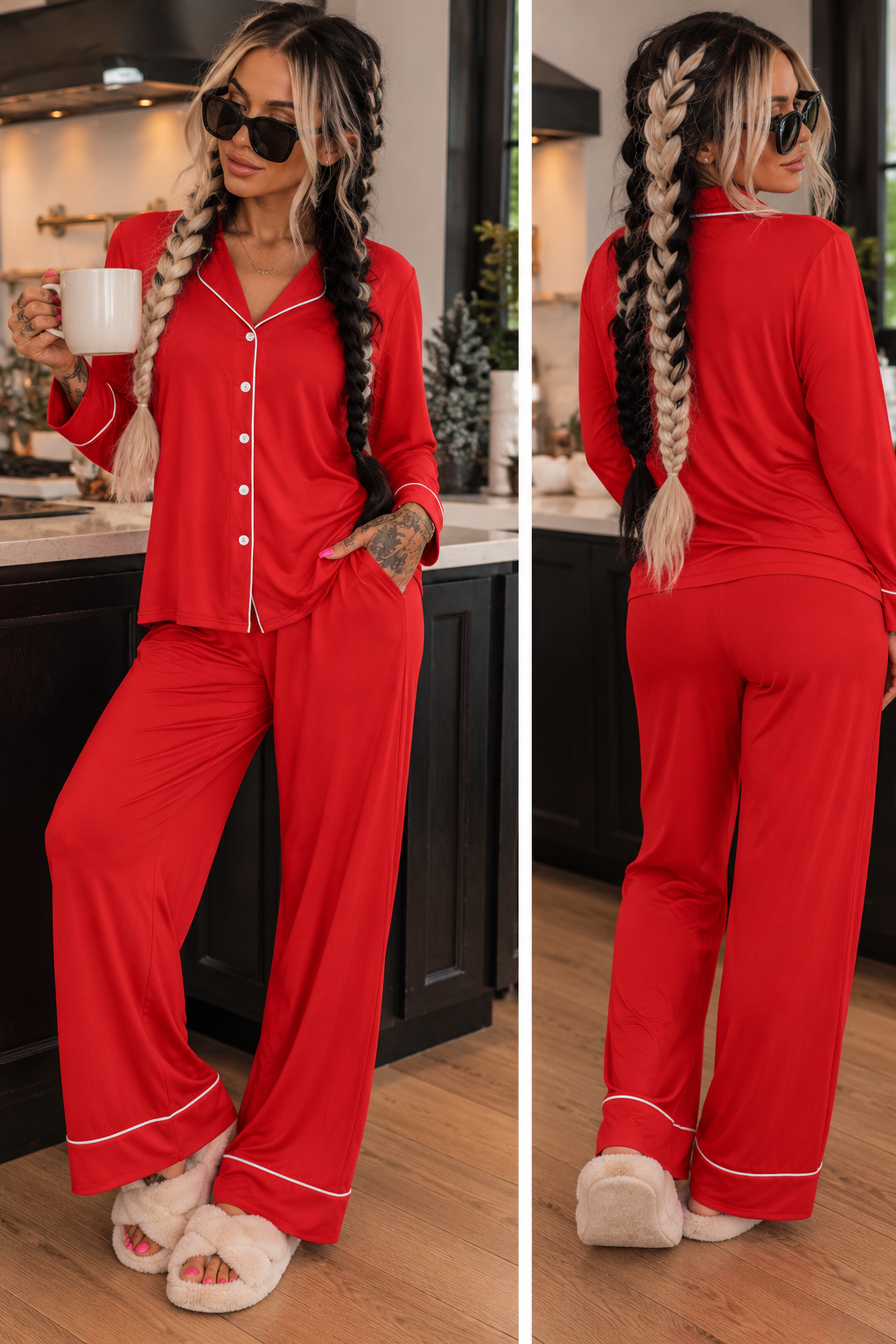 Red Womens Button Down Pajama Set