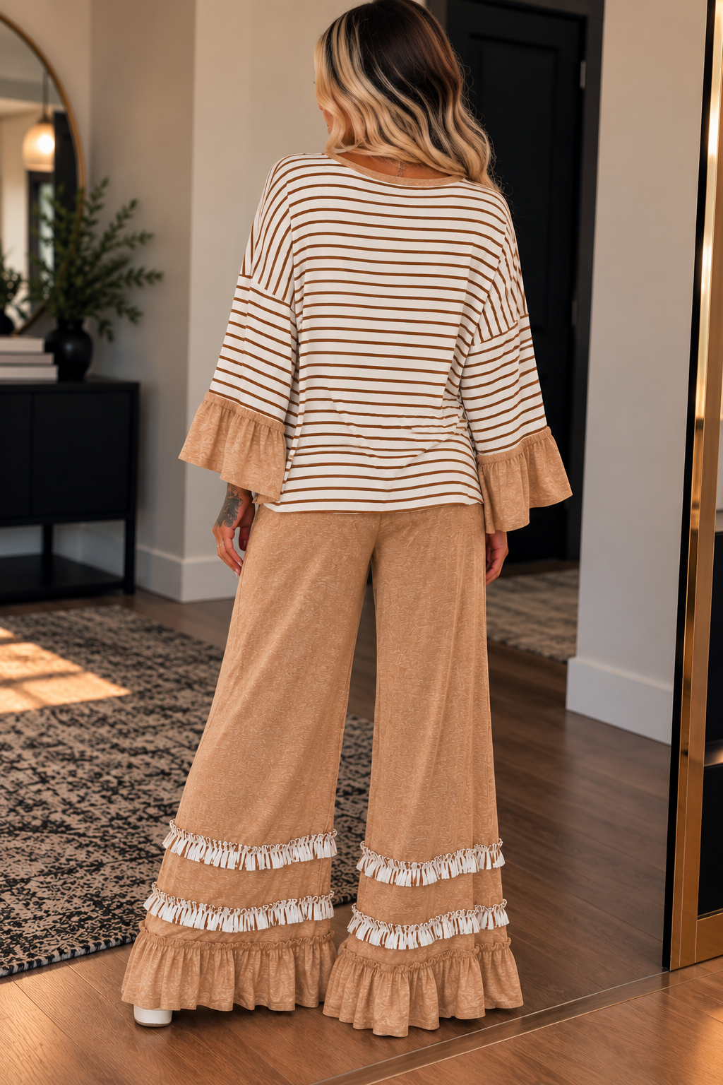 Stripe V Neck Ruffle Contrast Sleeve Top Drawstring Pants 2pcs Set